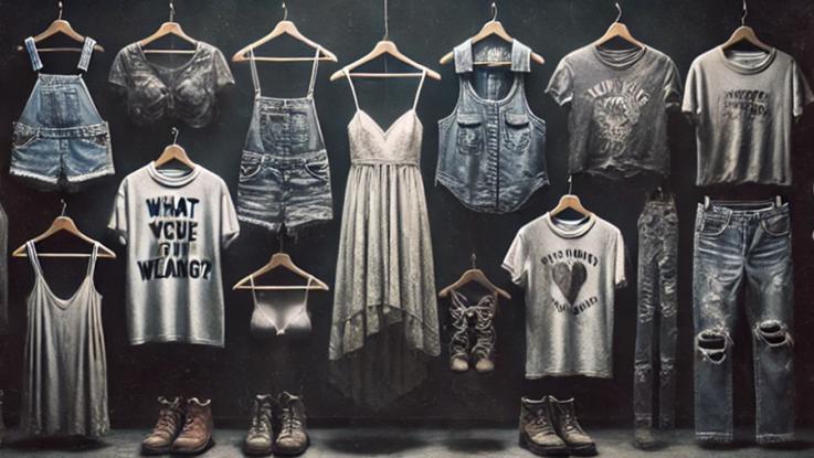 Assorted denim shorts, jeans, dresses, T-shirts, and boots hanging on a dark wall; one shirt reads “WHAT WERE YOU WEARING?