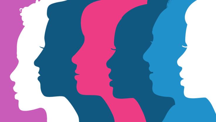 Outline of the profiles of five women's faces on a purple background. L to R, the colors are white, dark blue, pink, dark blue, light blue, and white.