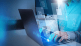 Person typing on laptop with overlay of search, document, calendar and folder icons