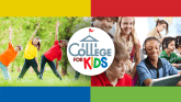 Lincoln Land Community College - College for Kids: students doing yoga; students in a classroom gathered around a laptop