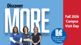 Discover MORE campus visit day graphic with three people in front of large white “MORE” text, LLCC logo, and “Fall 2026 Campus Visit Day.”