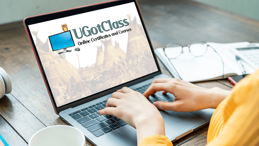 student on the UGotClass webpage on her laptop - Online certificates and courses