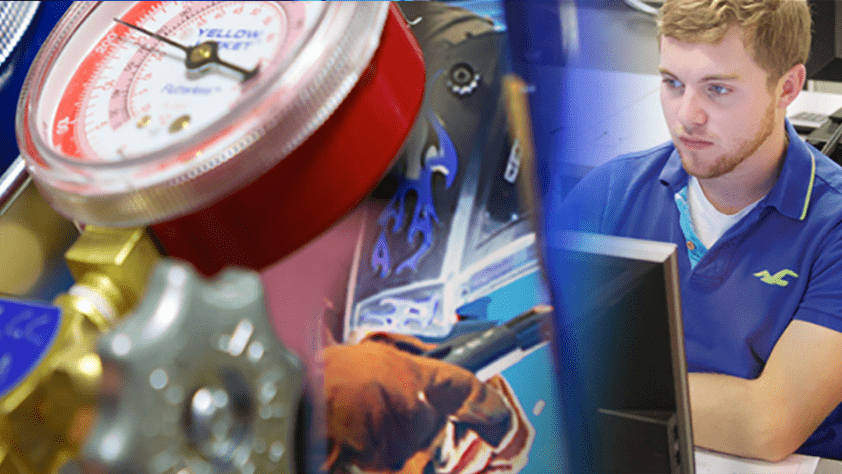 Three photos blended together showing a close up of a gauge, a person welding, and a student at a computer.