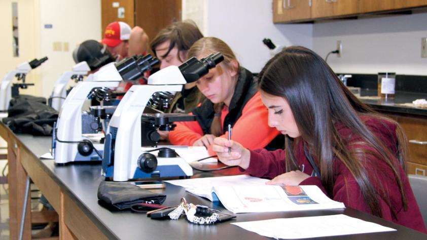 Students with microscopes in a biology lab classroom. 