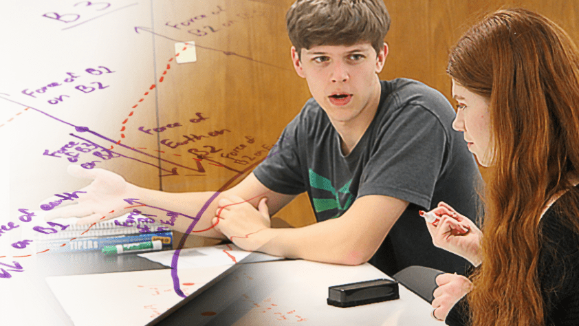 Two students working together in class with an overlay of physics equations