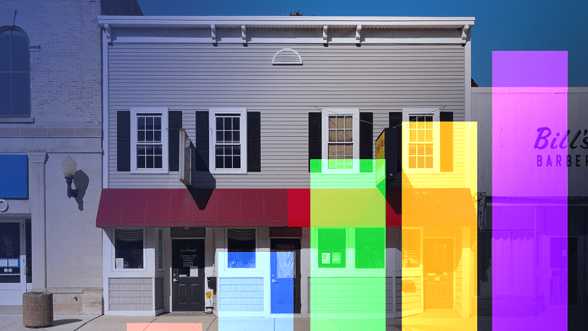Photo of a small business with overlay of chart showing growth