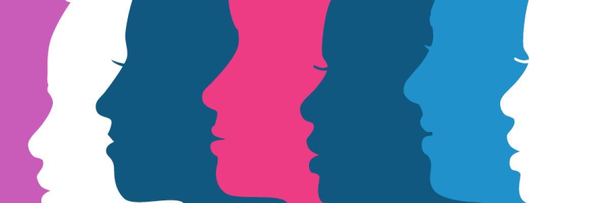 Outline of the profiles of five women's faces on a purple background. L to R, the colors are white, dark blue, pink, dark blue, light blue, and white.