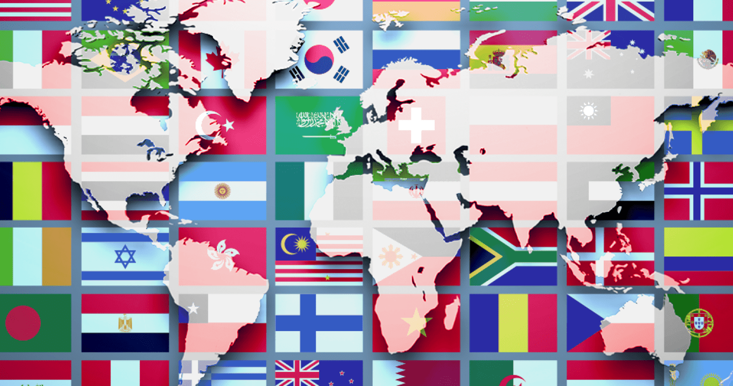 World map with various flags in the background