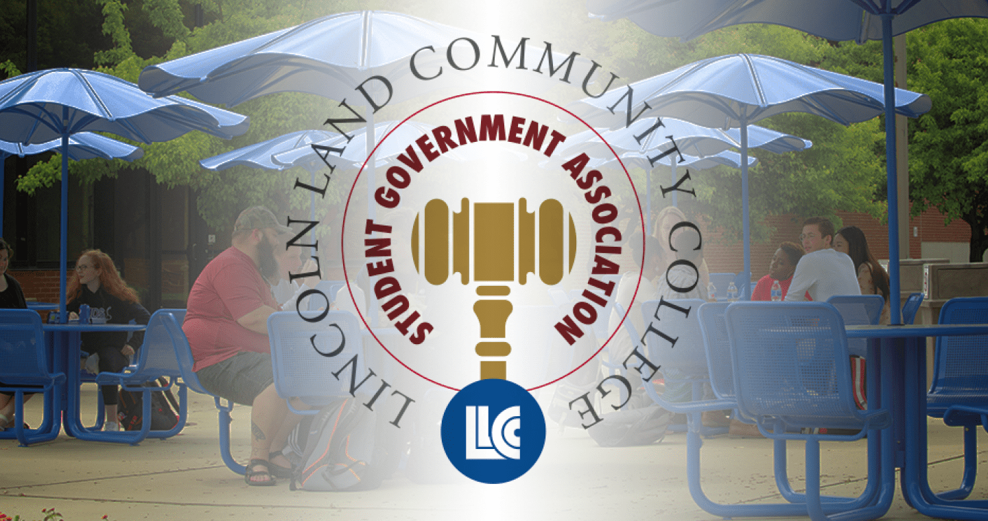 Students sitting in outdoor area. LLCC Student Government Association logo with image of gavel