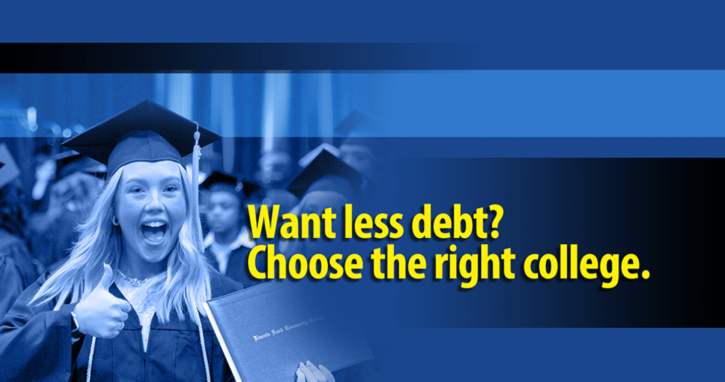 Want less debt? Choose the right college. LLCC grad with thumbs up.