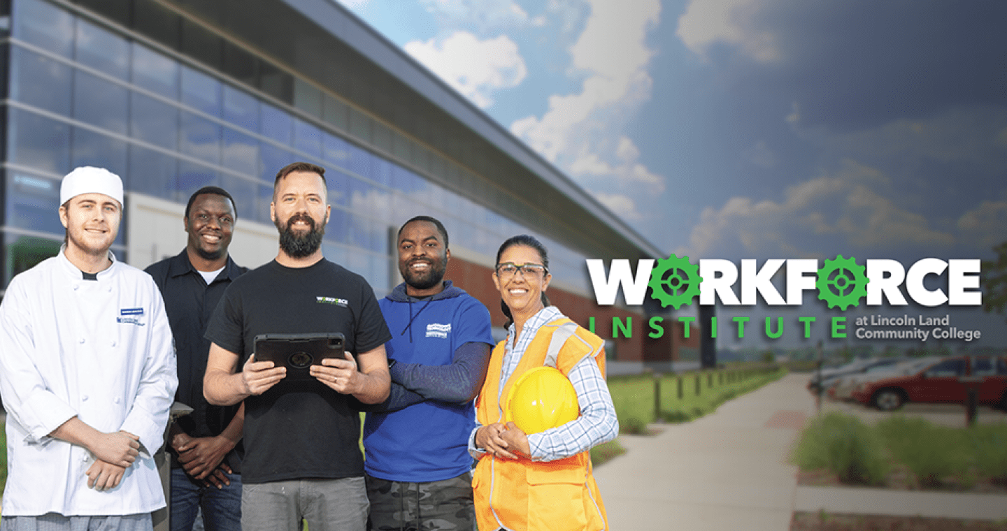 Workforce Institute at Lincoln Land Community College. Four students from different career training programs standing around instructor with tablet.