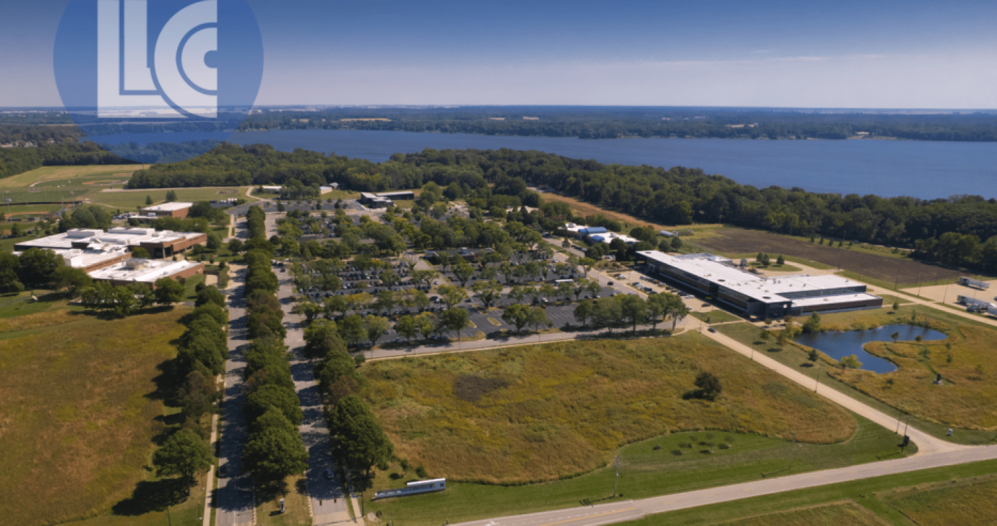 LLCC logo and aerial view of main campus by Lake Springfield