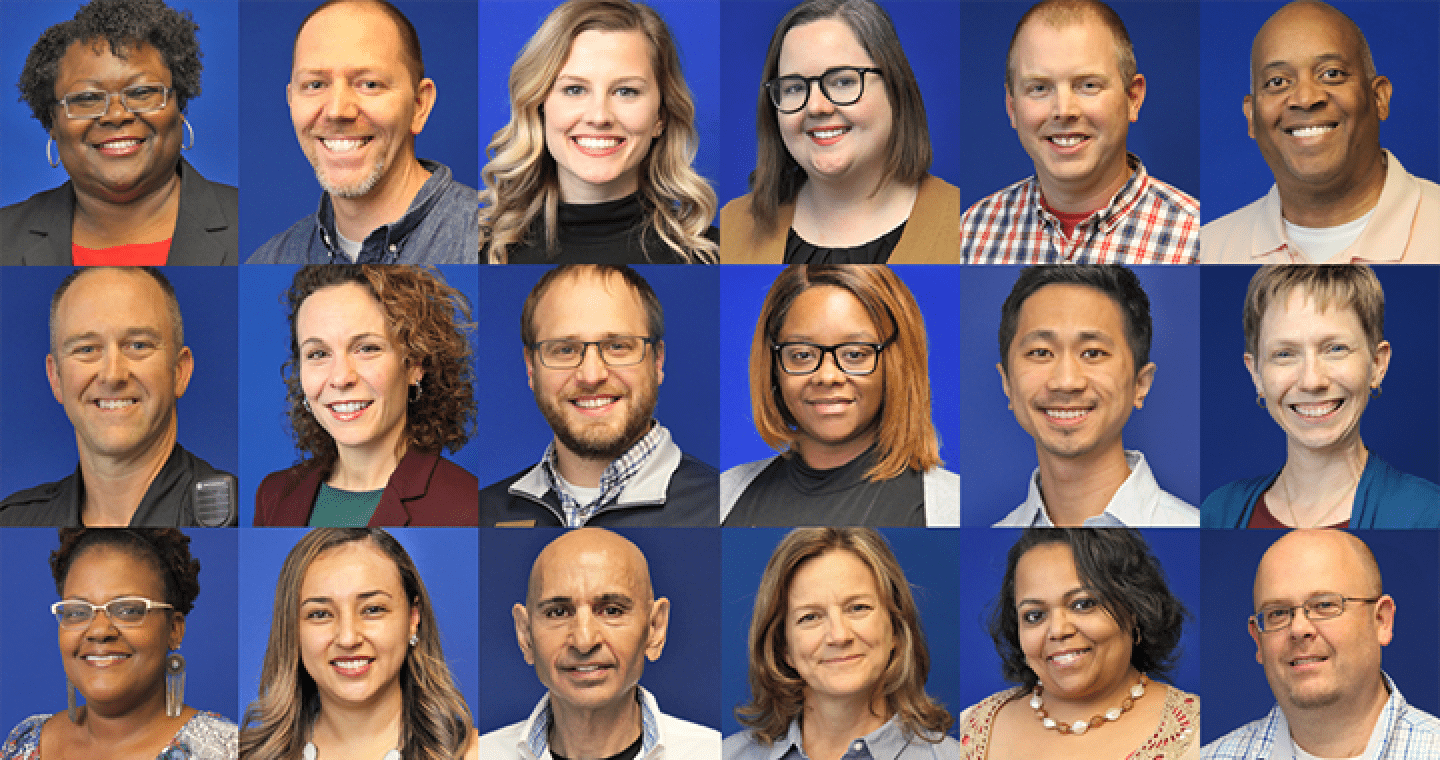 Faces of 18 different employees at LLCC