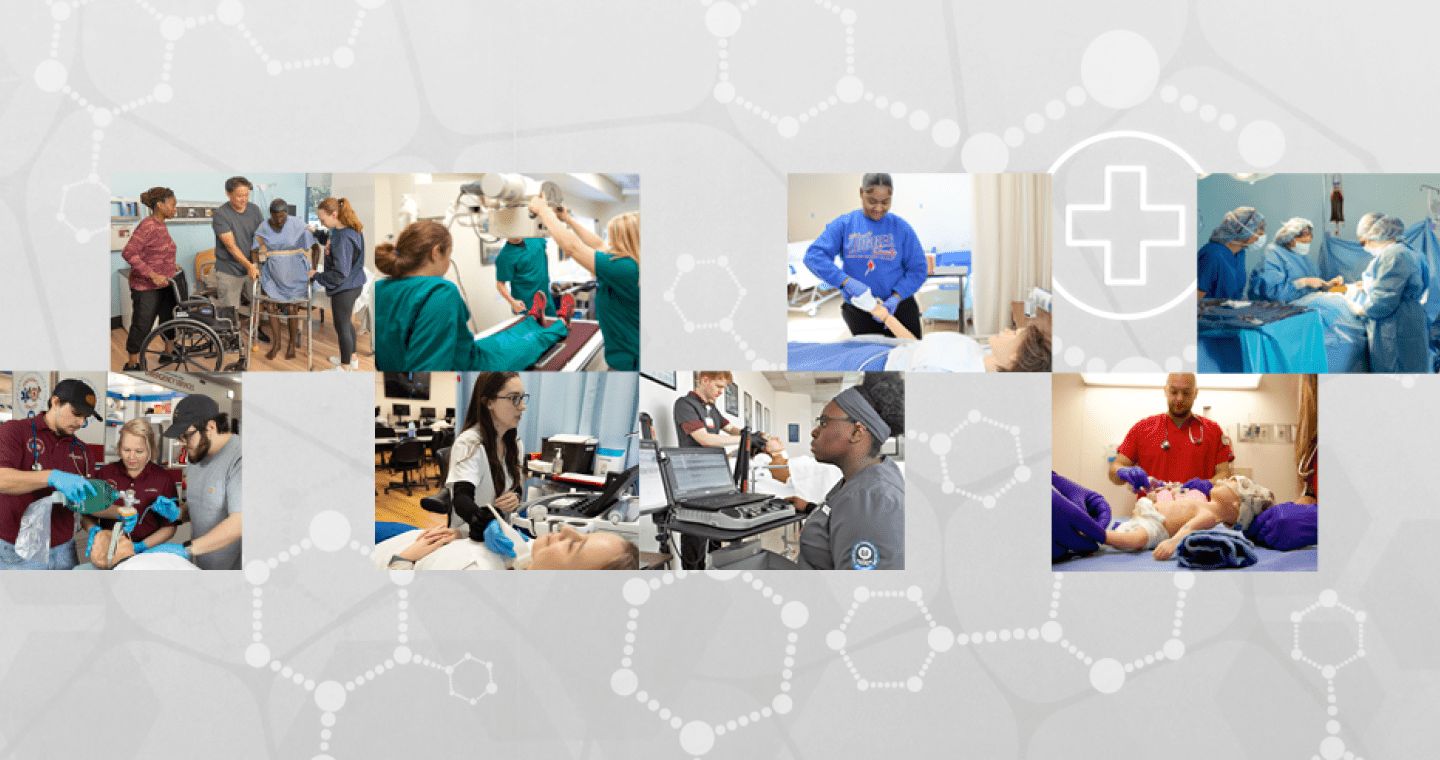 A photo montage of eight different health care training programs