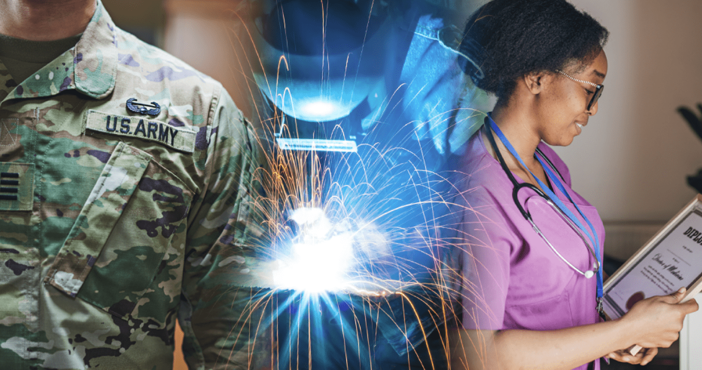 Photo montage showing military, a student welding and a student looking at a diploma