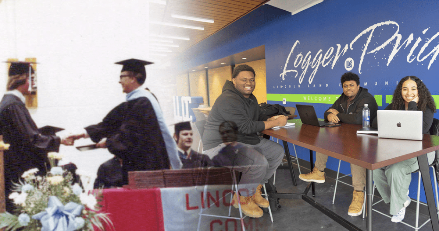 collage; photo on left of commencement, graduate receiving dimploma; photo on right smiling students sitting in front of a wall that says "Logger Pride"