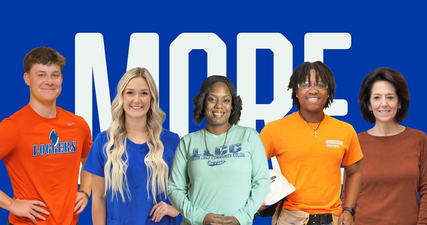 Five students standing in front of the word "MORE"