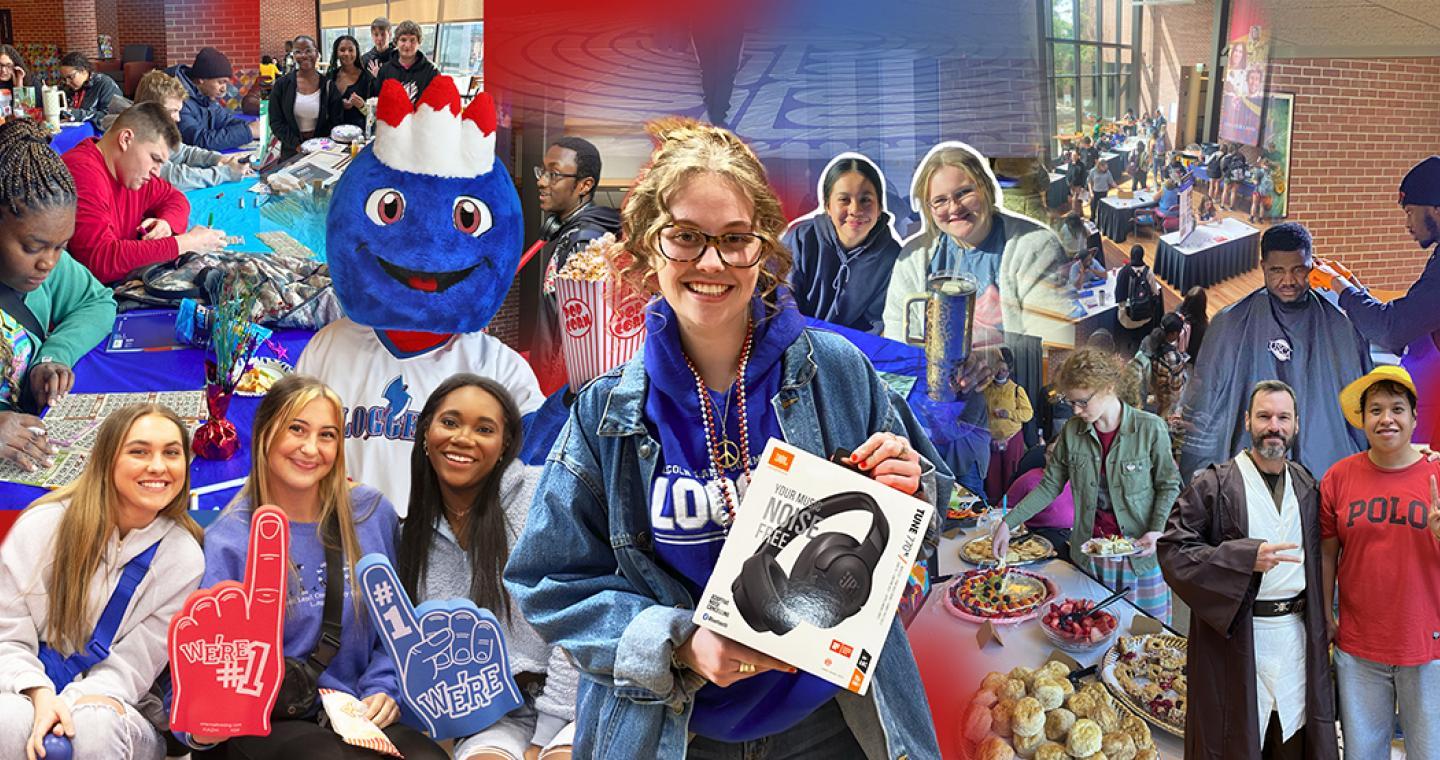 Collage of photos of students playing bingo, attending games, winning prizes, eating food, getting a haircut and dressing up for Halloween.