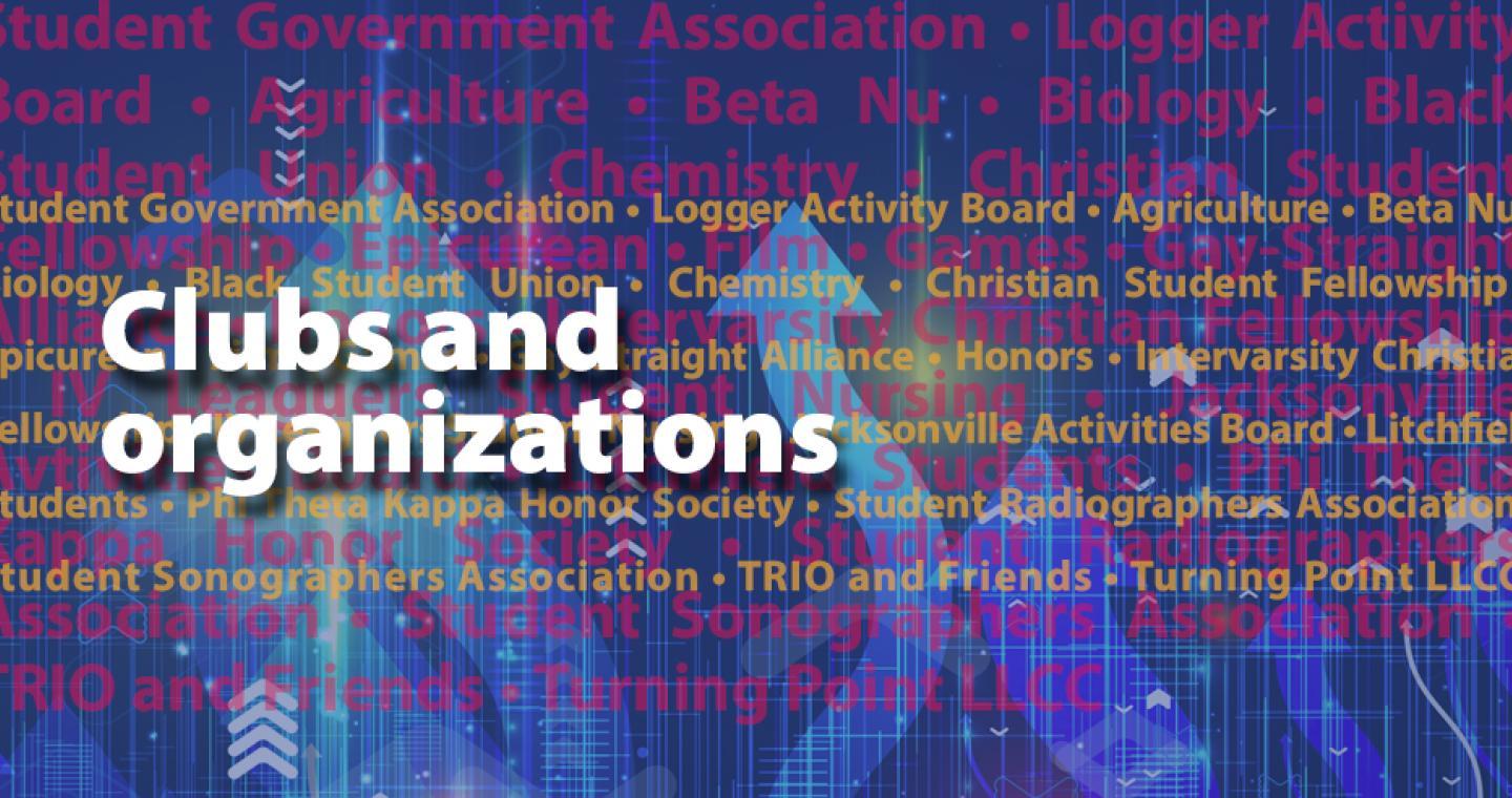 Clubs and Organizations with a list of some of the clubs including Student Government Association, Logger Activity Board, Agriculture, Beta Nu, Biology, Black Student Union, Chemistry and more