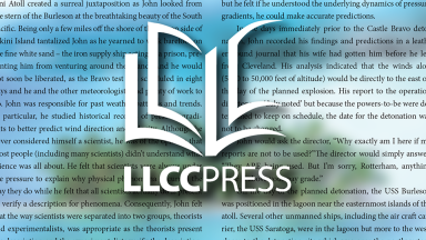 LLCC Press logo with writing from a book behind it