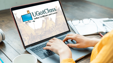 student on the UGotClass webpage on her laptop - Online certificates and courses
