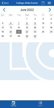 Shown here is an example of what the Lincoln Landing's College-Wide Events Calendar looks like. The example month is June 2022. By clicking on each date in the app, you can look at the events going on for that given day.  