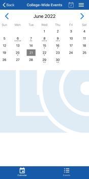 Shown here is an example of what the Lincoln Landing's College-Wide Events Calendar looks like. The example month is June 2022. By clicking on each date in the app, you can look at the events going on for that given day.