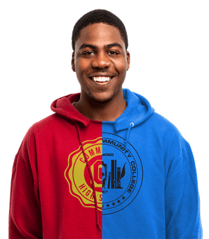 Student wearing a sweatshirt that half represents high school and half represents college