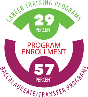 Program Enrollment: 29% are Career Training Programs; 57% are Baccalaureate/Transfer Programs