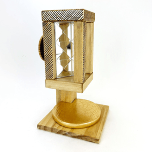 tall/vertical sculpture made from wood, glass and foil 