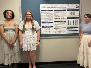 students pose by their biology research poster