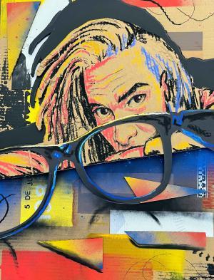 Artwork depicting face looking at a distance through glasses