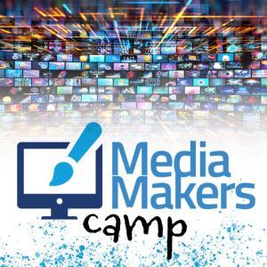 Media Makers camp with a computer monitor and paintbrush on a background of TV screens.