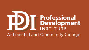 Professional Development Institute Logo. Terracotta background. White letters of overlapping PDI on the left side. Professional Development Institute on the right side. At Lincoln Land Community College on the bottom.