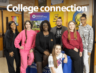 College Connection. Kim Wilson at LLCC exhibit with six high school students.