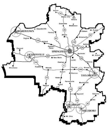 Map of the LLCC district including Easton, Mason City, New Holland Greenview, Middletown, Athens, Petersburg, Chandlerville, Beardstown, Virgina, Ashland, Pleasant Plains, Springfield, New Berlin, Jacksonville, Concord, Winchester, Franklin, Waverly, Palmyra, Girard, Virden, Auburn, Chatham, Pawnee, Divernon, Farmersville, Raymond, Litchfield, Hillsboro, Witt, Nokomis, Morrisonville, Taylorville, Kincaid, Edinburg, Mt. Auburn, Rochester, Riverton, Buffalo, Williamsville, Elkhart, Mt. Pulaski