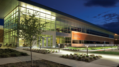 Workforce Careers Center at night on the LLCC-Springfield campus.