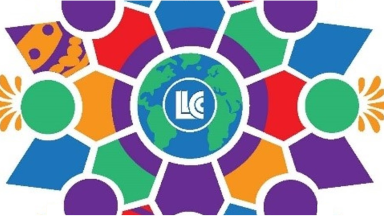 Globe with LLCC logo on it surrounded by a variety of colors and shapes