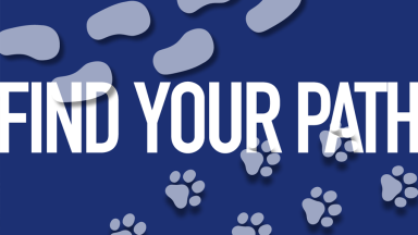 Large text reads, "FIND YOUR PATH." Behind the text moving diagonally across the graphic are shoeprints from LLCC's mascot Linc, and pawprints from LLCC's therapy and outreach dog, Ember. 